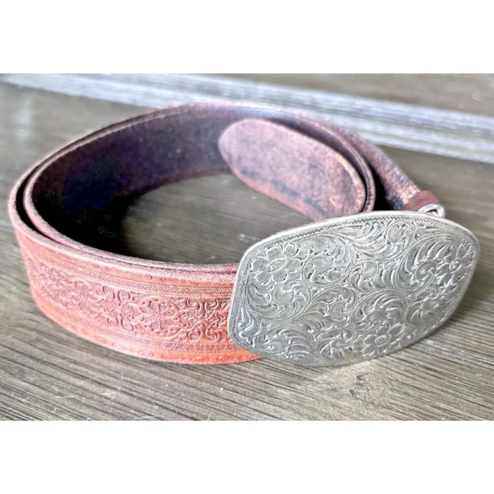 Vintage Belt & 1994 Buckle Brown Western Leather 41” Cowboy Tooled Supple Y2K